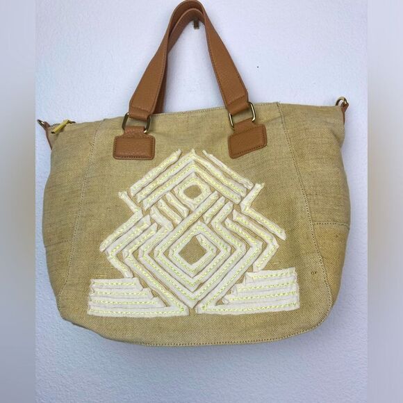 BCBG linen blend purse w/ detachable crossbody strap southwest summer vibe - Picture 2 of 16